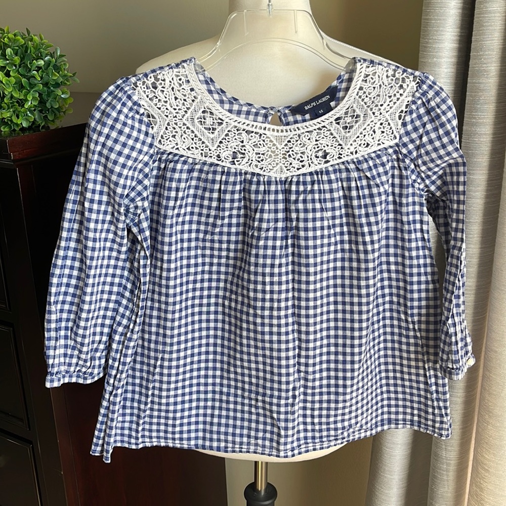 Ralph Lauren girls plaid, knitted 3/4 sleeve top size 14